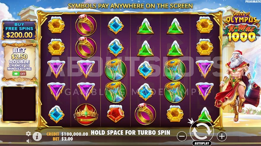 A casino slot with Zeus as a Santa next to the reels.