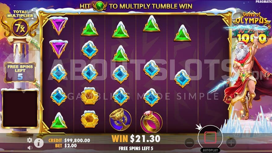A tumbling win with a 7X multiplier in the Free Spins.