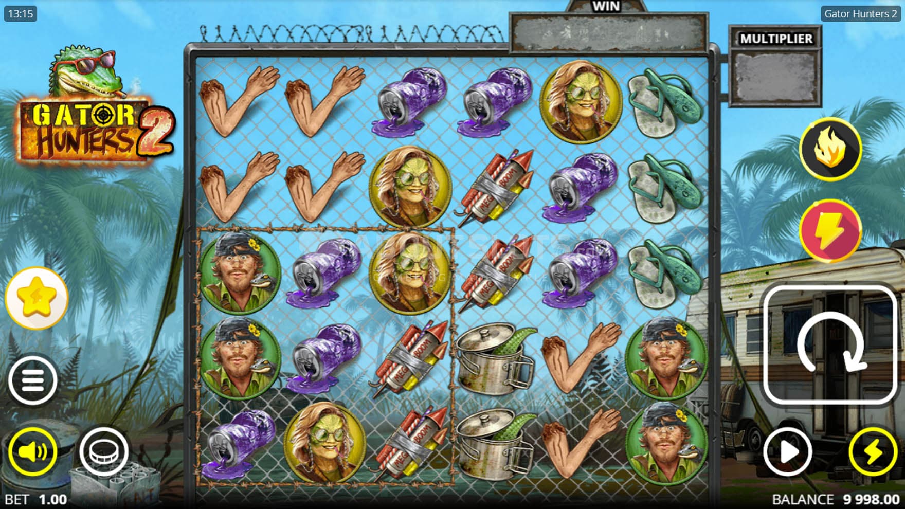 Screenshot of the base game, showing a 6x5 grid set on a chainlink fence on a backdrop of a swamp.