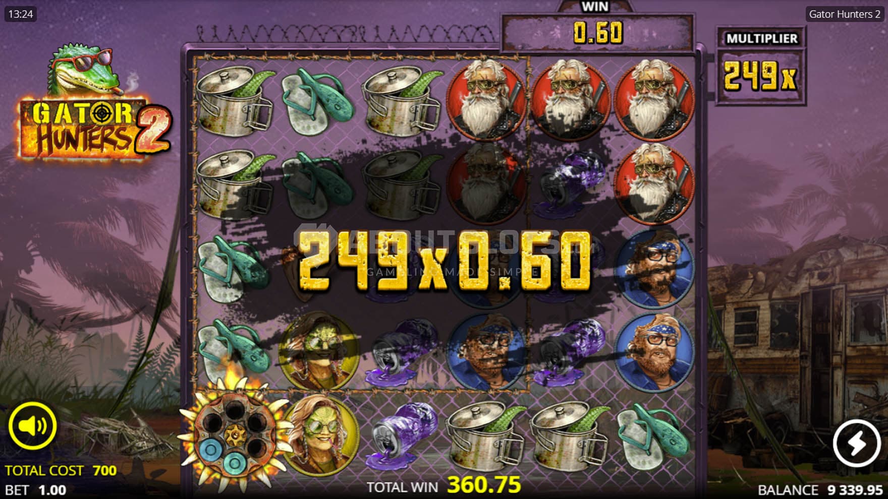 Screenshot of the Fire Gatornado Spins in progress, showing a win multiplied by x249.