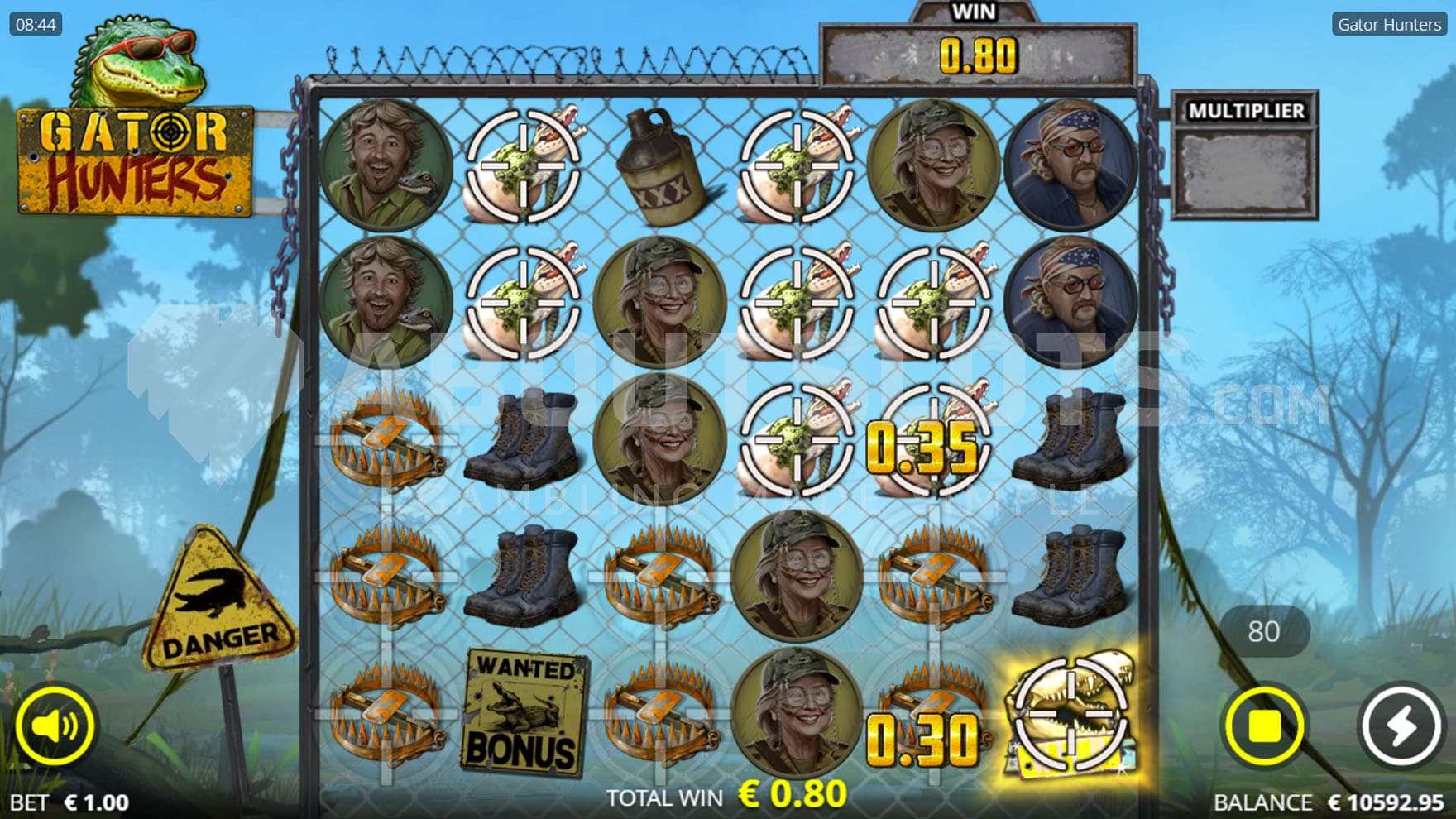 Base Game view of a 5x6 grid on a backdrop of a foggy swamp.