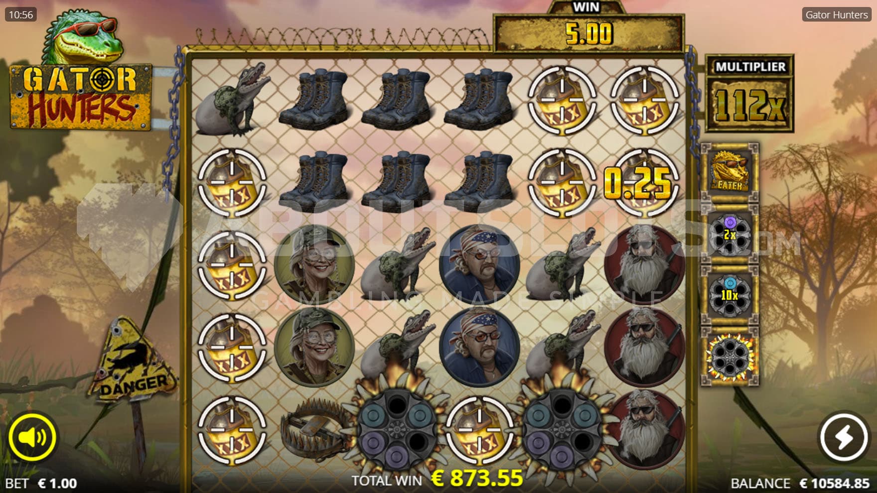 Free Spins bonus in progress, showing all 4 upgrades active and the total multiplier built up to 112x.