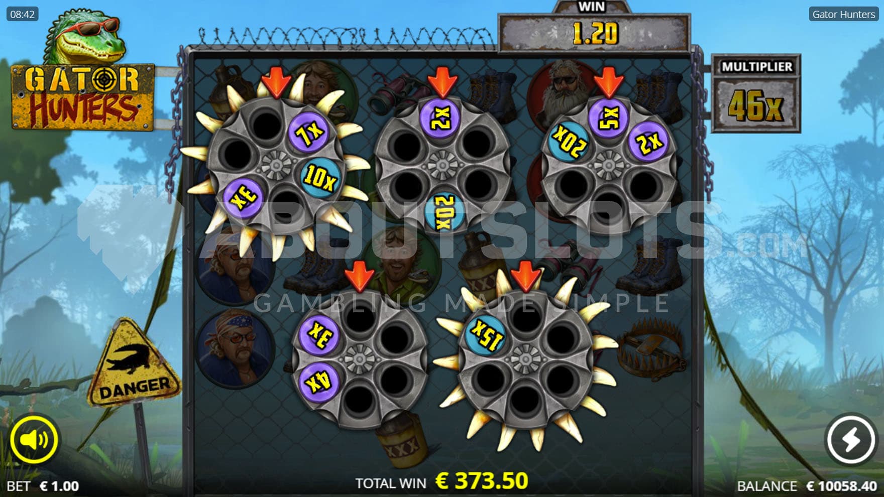 Revolver feature triggered in the base game, showing 5 chambers with various multipliers.