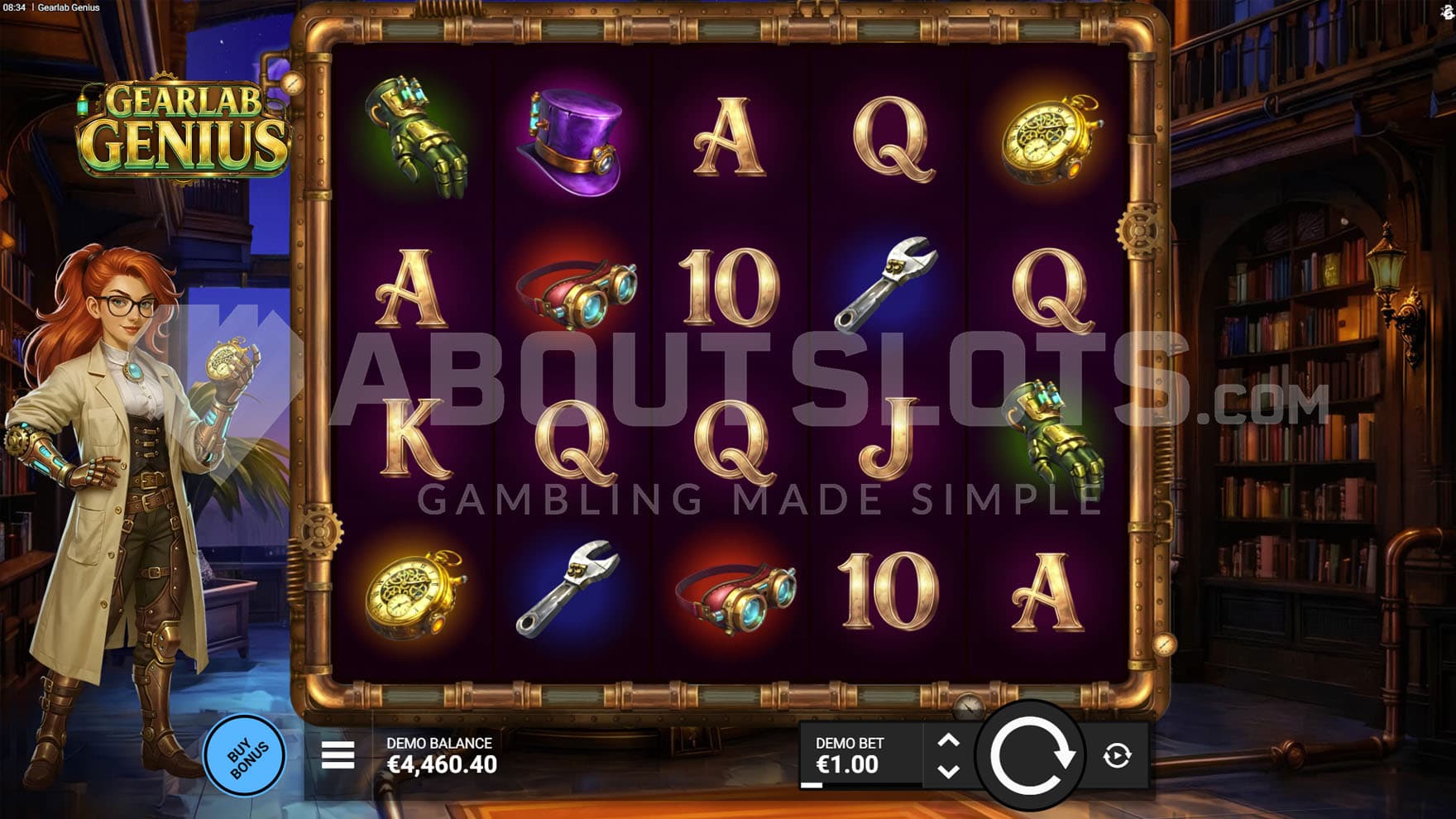 Base Game view of a 5x4 grid on a backdrop of a steampunk laboratory, with a female scientist standing on the left.