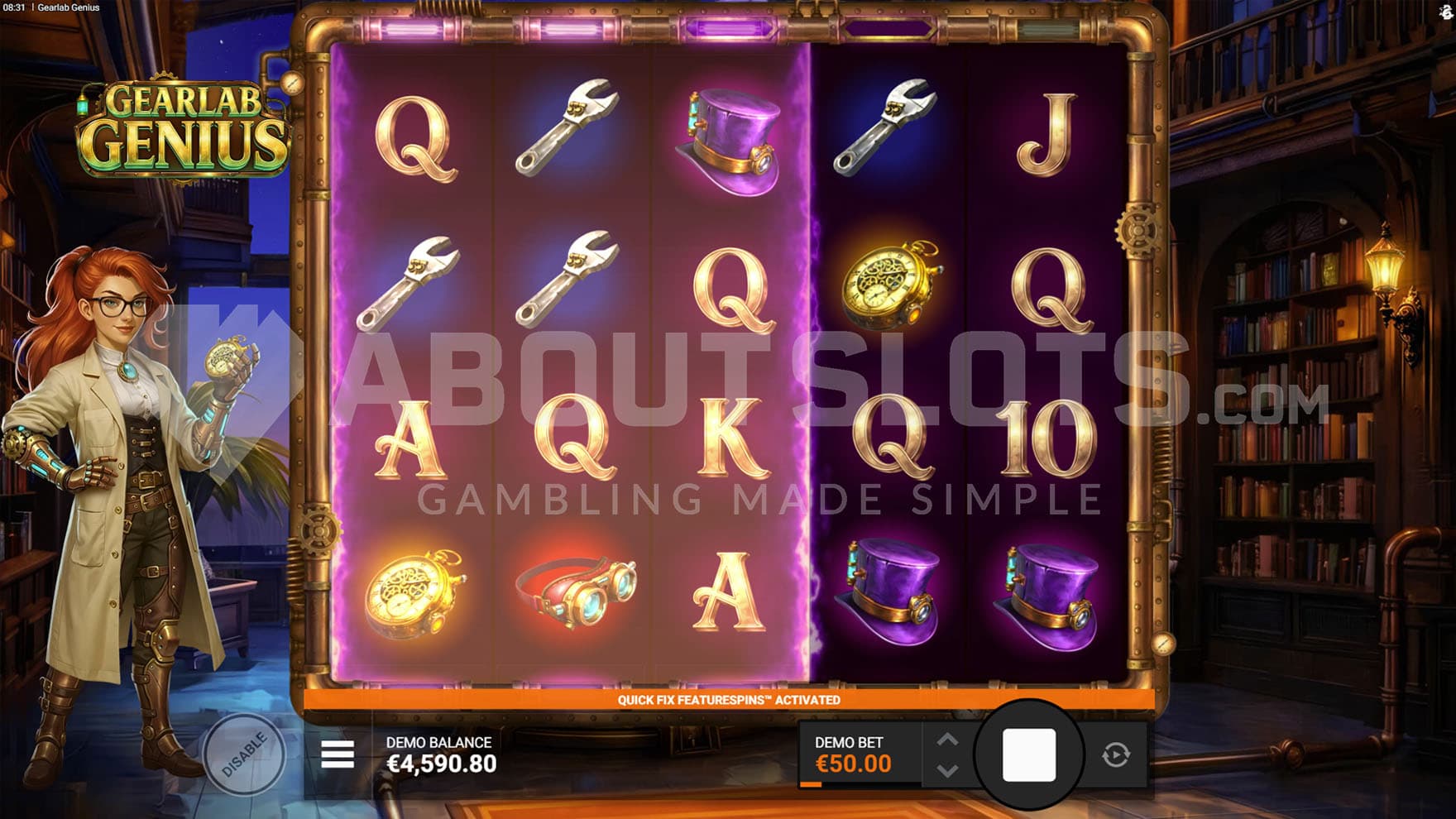 Synced Reels feature triggered in the base game, displaying matching results on the first three reels.