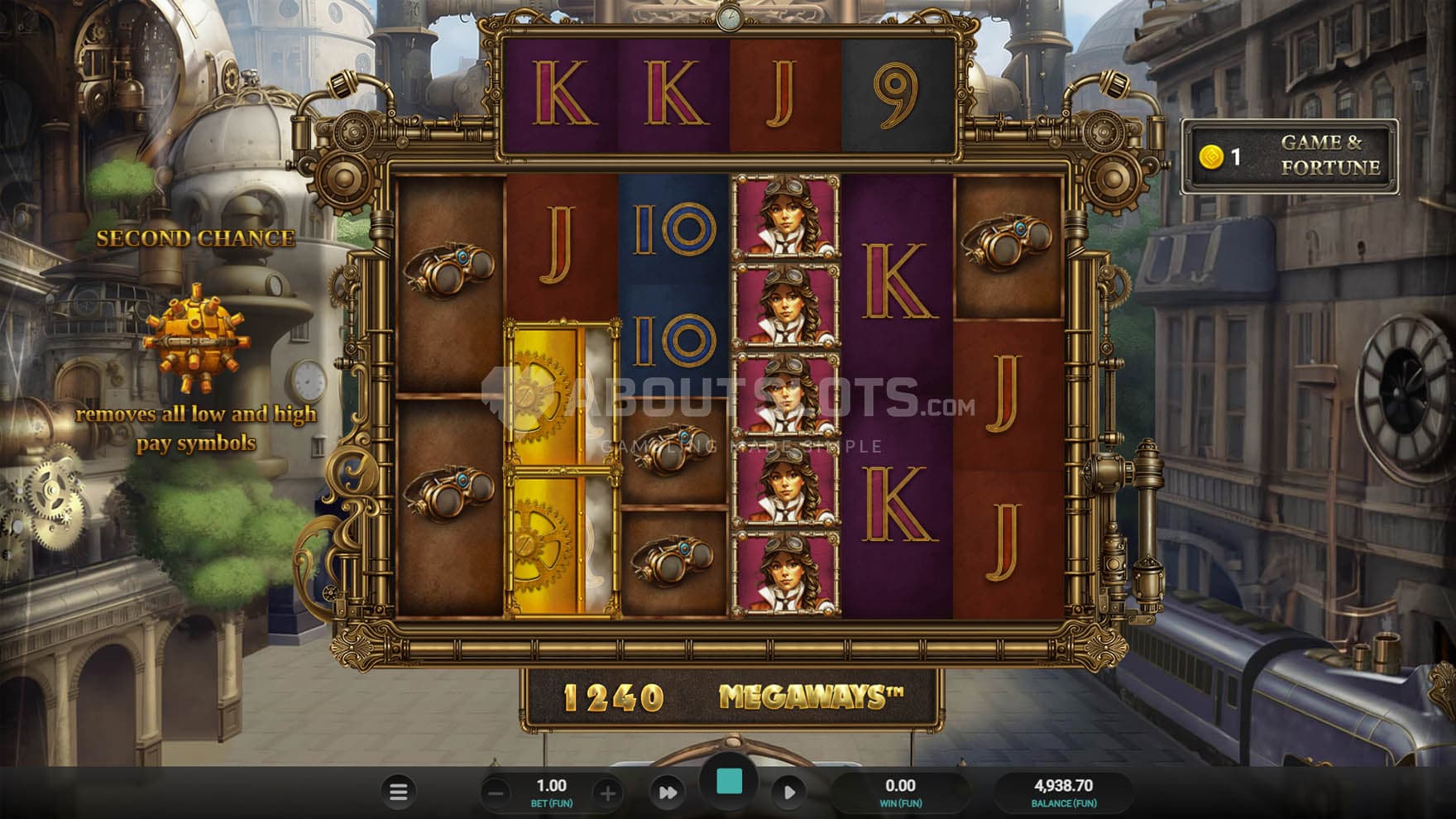 Screenshot of the base game, showing a 6-reel grid on a backdrop of a steampunk city.