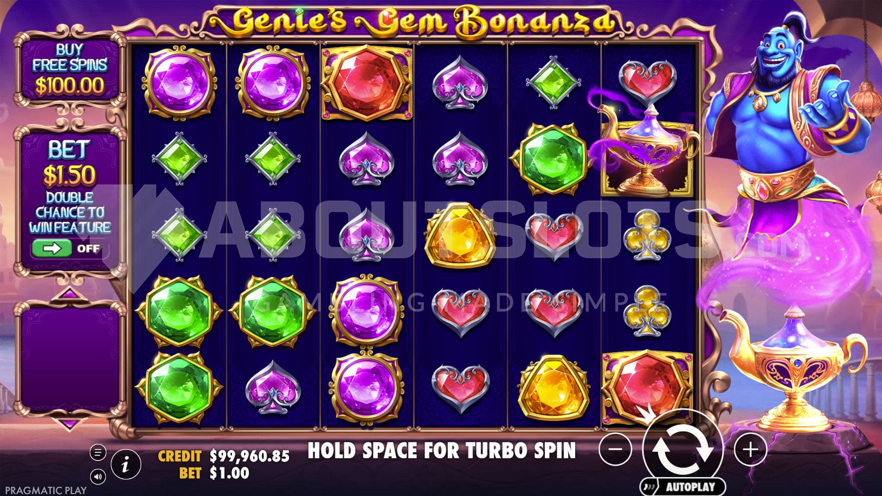 Base Game view of a 6x5 grid on a backdrop of an Arabic city, with a genie hovering over a magic lamp on the right.