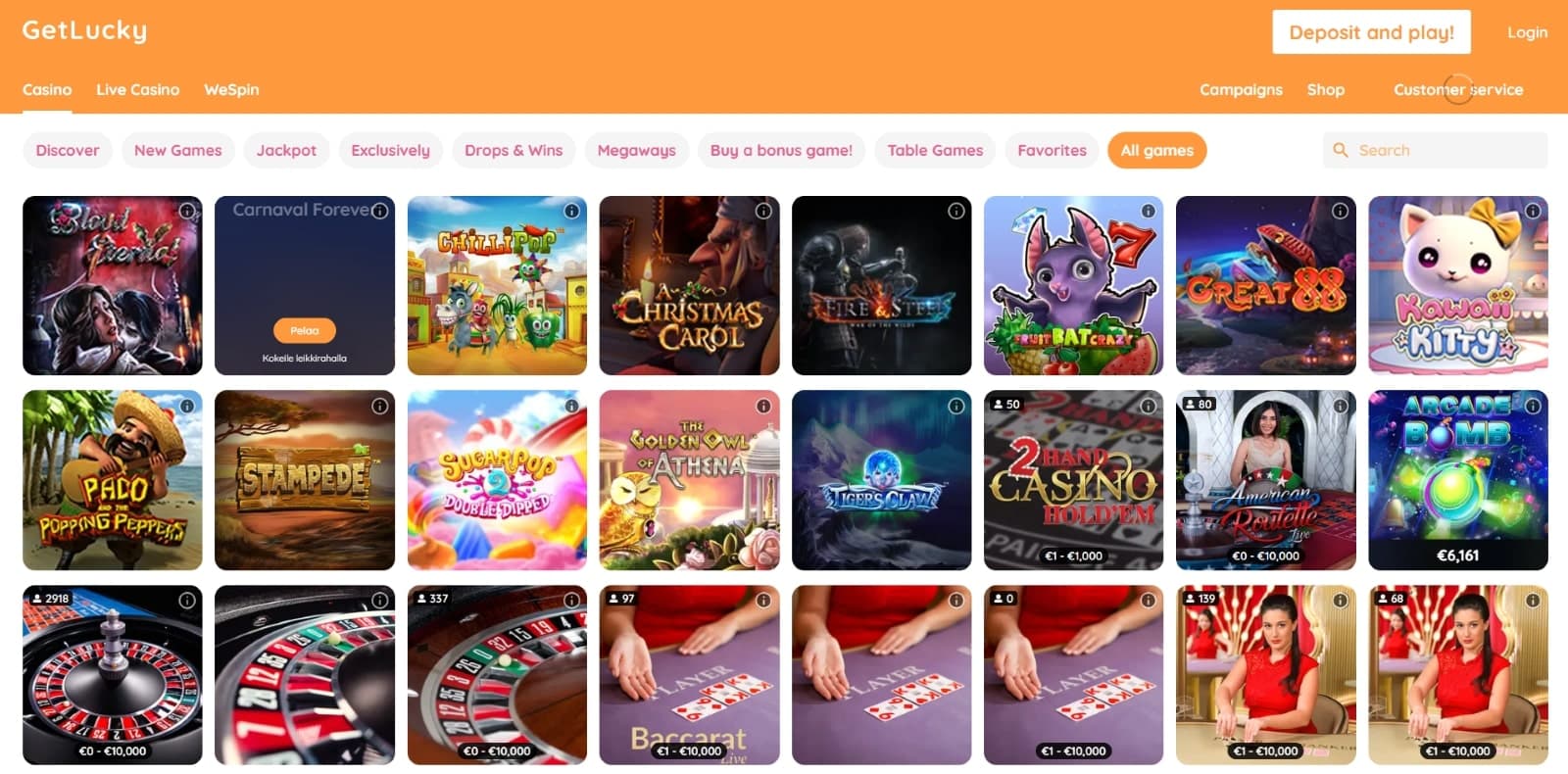 GetLucky Casino games page under category tabs and search filter