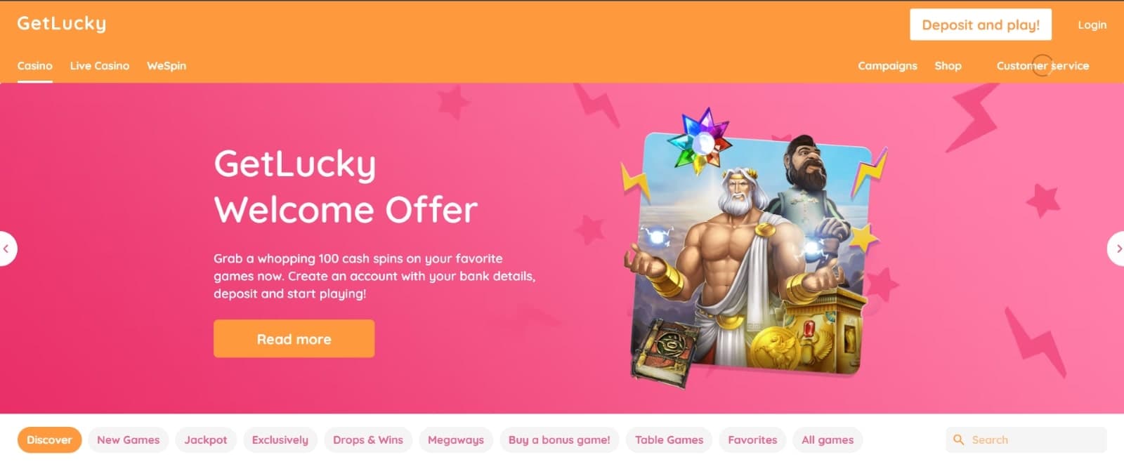 GetLucky casino welcome offer banner in pink and with Zeus slot character