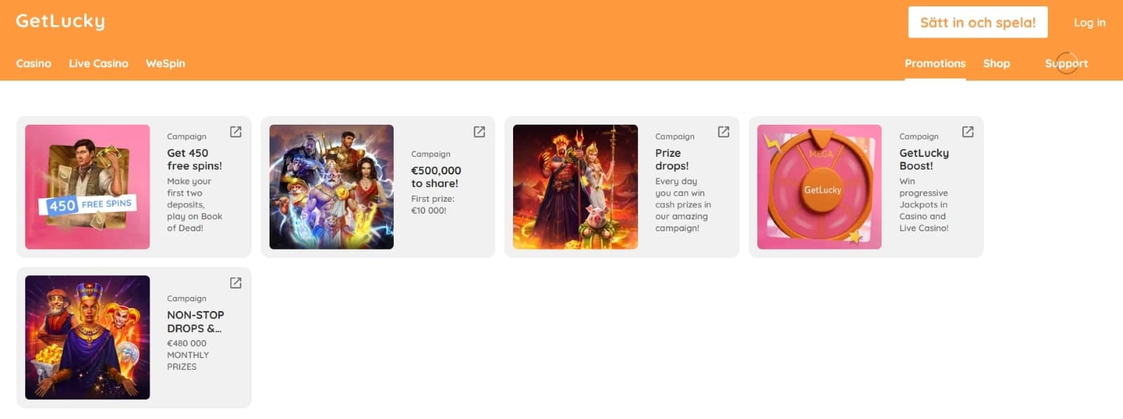 GetLucky casino promotions page with 450 free spins welcome bonus