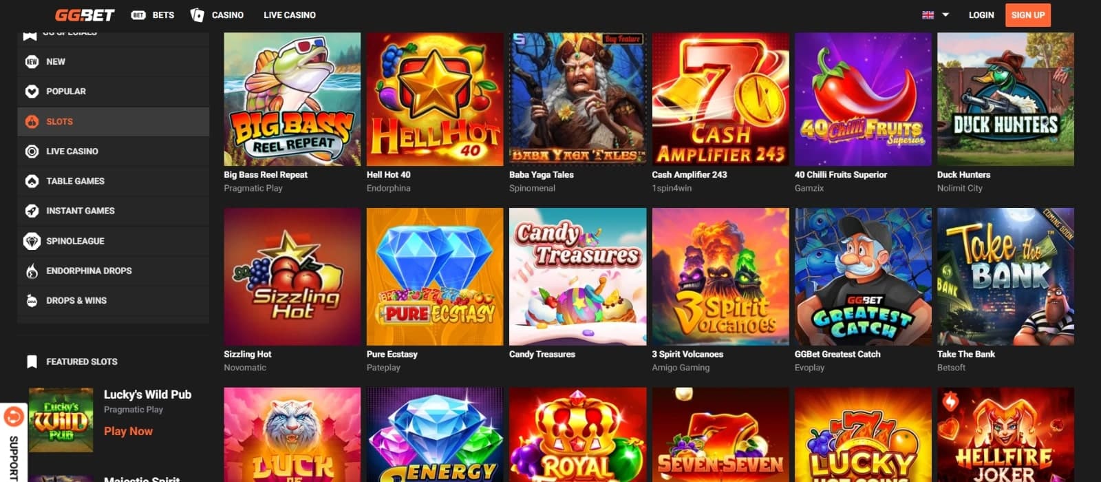 GG.bet casino games page displaying the Big Bass Reel and Duck Hunters slot games, and many other exciting table and live games