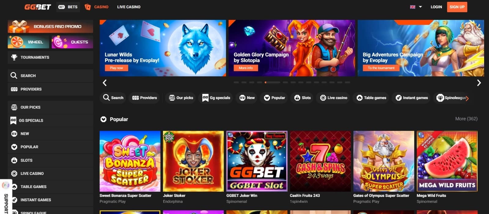 GG.bet Casino's landing page featuring the promotional reel, games tabs, and popular casino games