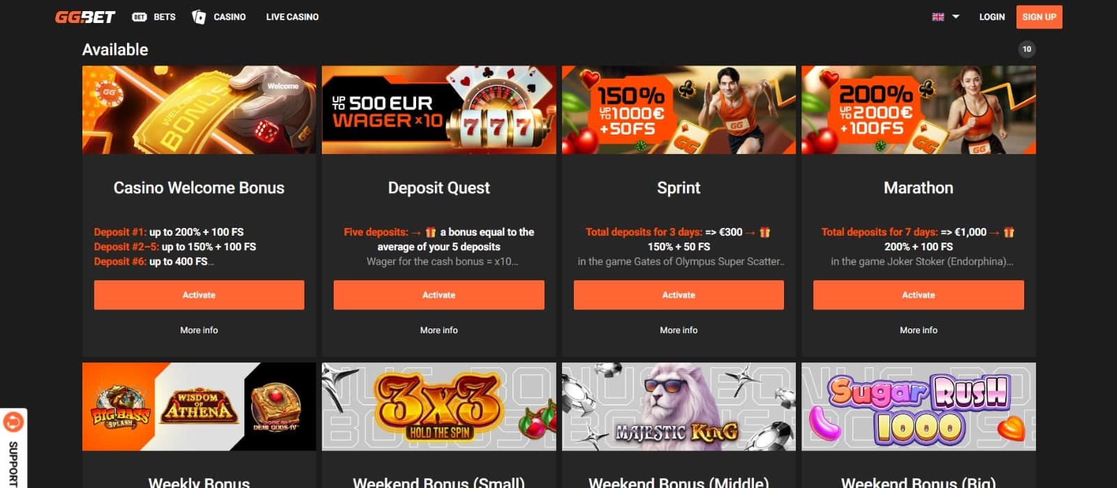 GG.bet casino promotions page listing the welcome bonus, deposits quests, and other reload bonuses