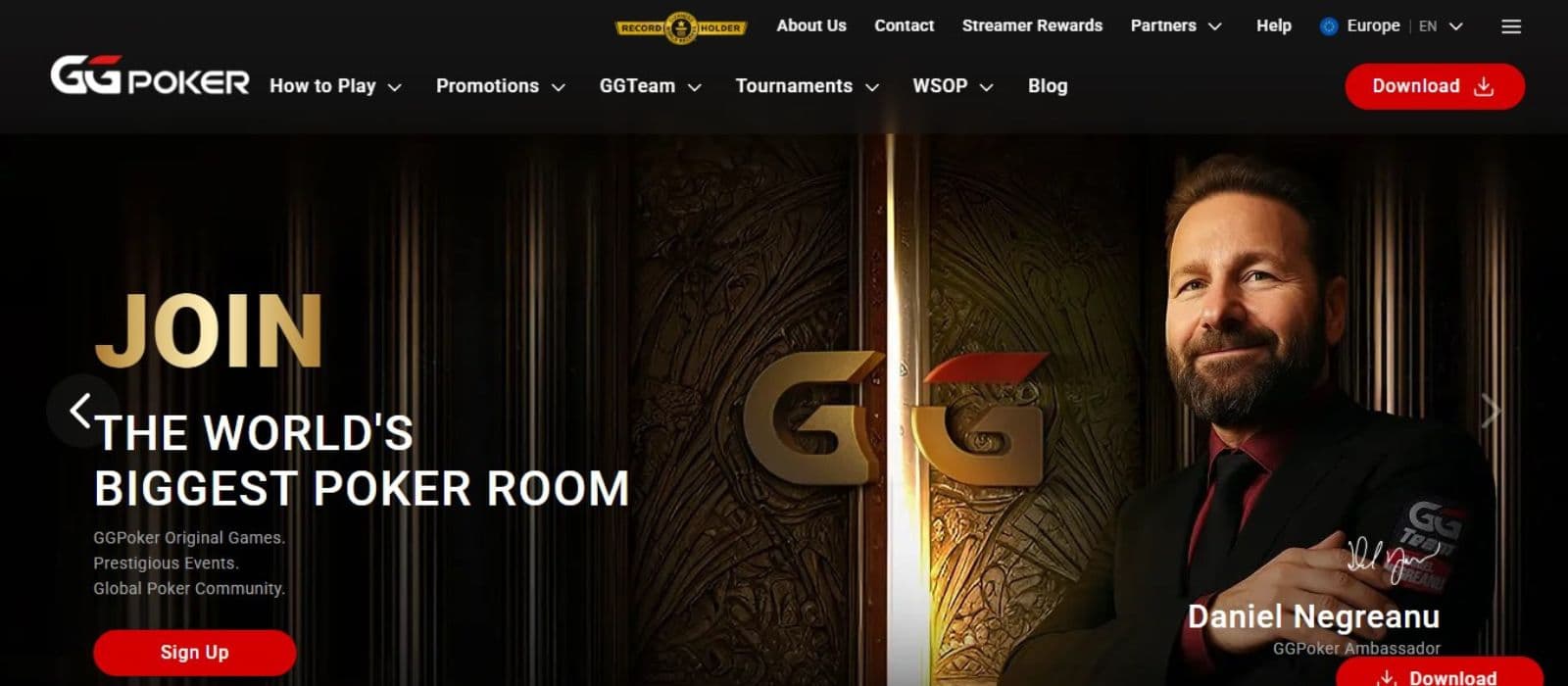 GGPoker Casino's landing page, showing Daniel Negreanu, one of the casino's ambassadors.