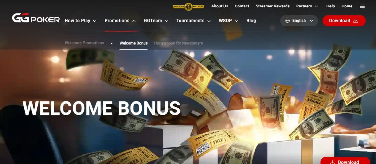 GGPoker Casino's welcome bonus page, showing an open box of cash.
