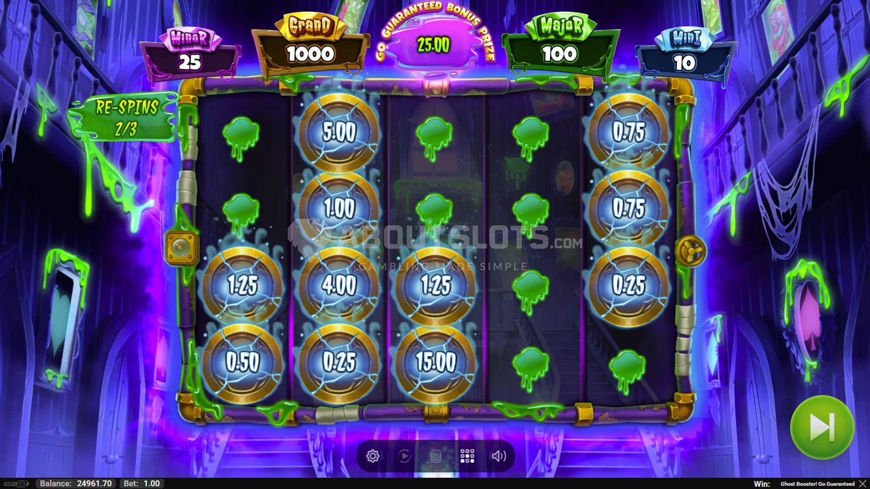 Screenshot of the Hold & Spin bonus in progress, with multiple cash symbols locked on the grid.