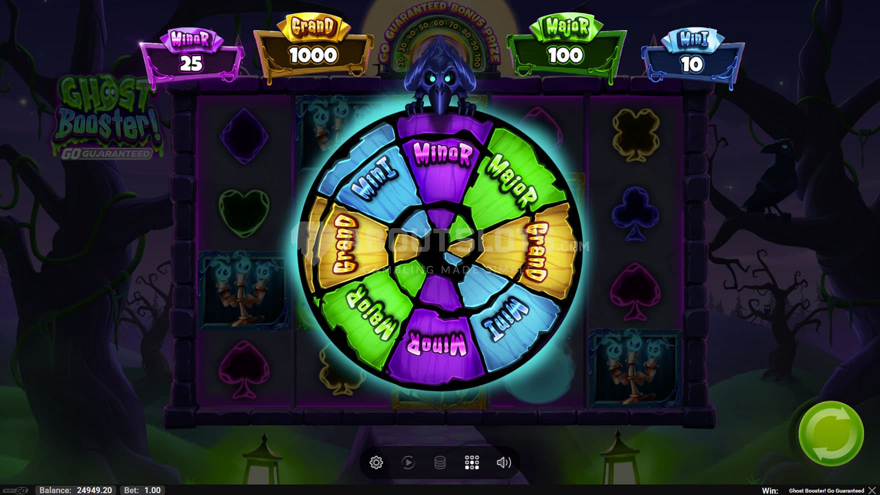 Screenshot of the Wheel of Spooks bonus in progress, raffling one of the jackpots.