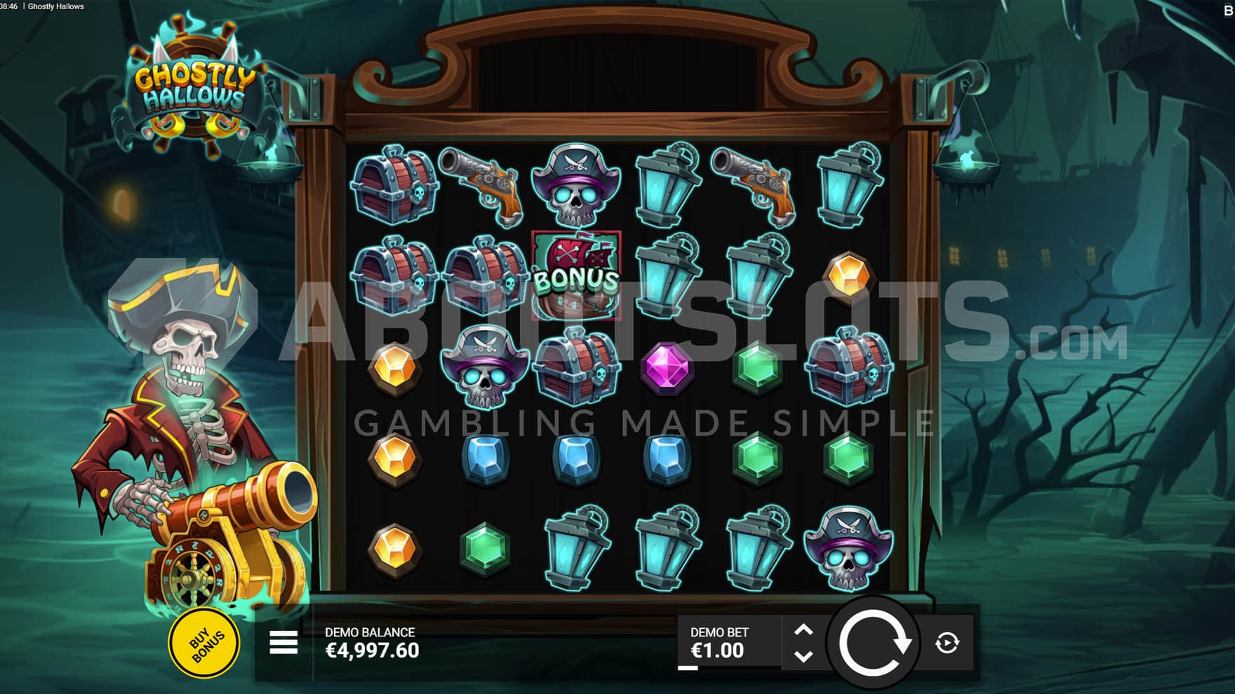 Base Game view of a 6x5 grid on a backdrop of a haunted bay with two ships anchored in the sea.