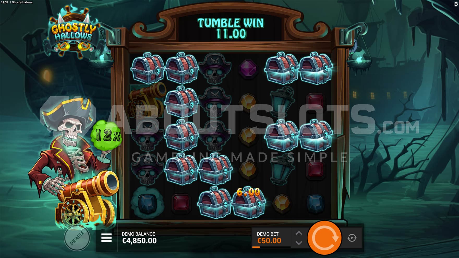 Cannon Feature triggered in the base game, showing the total win being multiplied by x12.