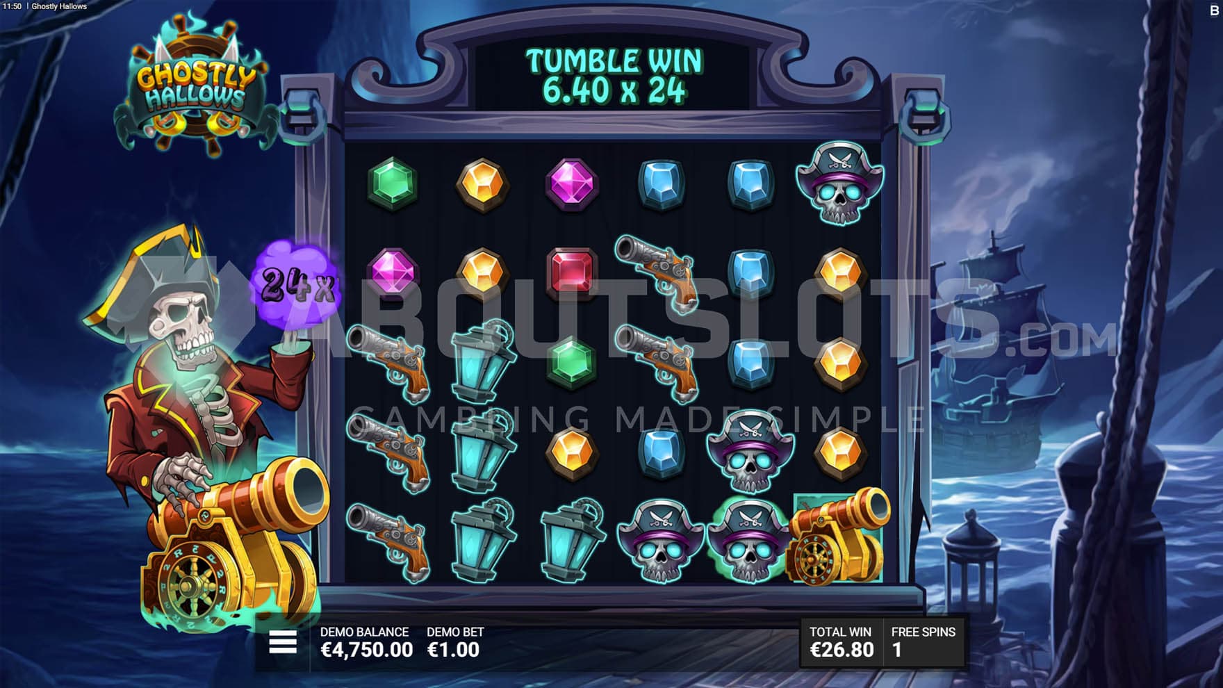 Ghostly Pirate's Trail Bonus in progress, showing the win multiplier increased to x24.