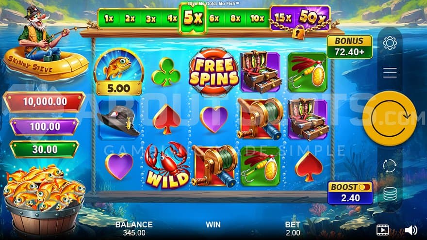 A fishing slot with 5 reels and 3 rows.