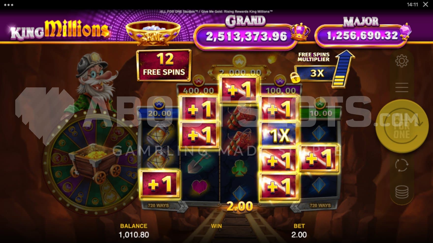 A 1x win in the Free Spins with 12 remaining spins.