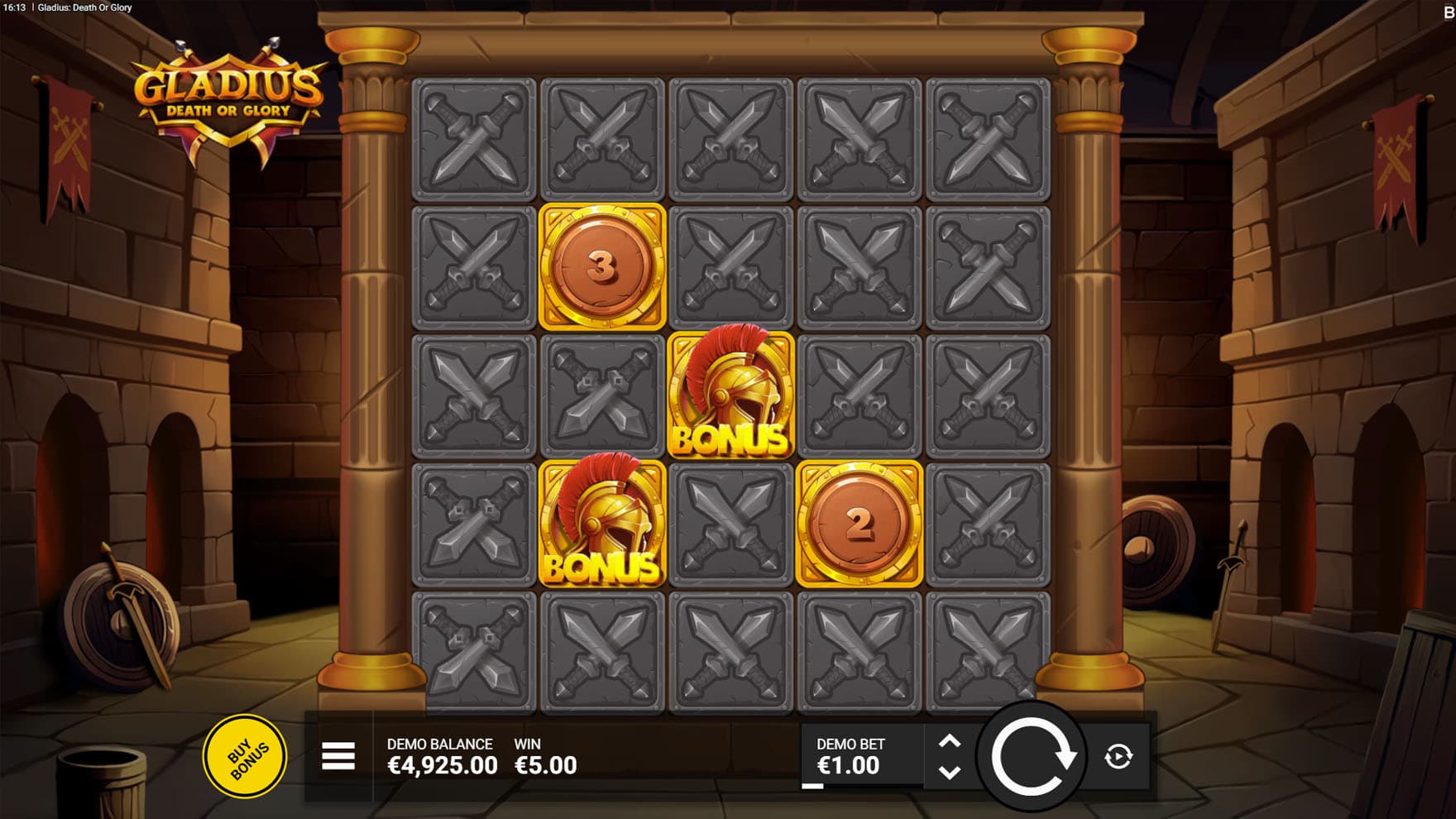 Base Game view of a 5x5 grid on a backdrop of an Ancient Roman interior, with 2 Bonus symbols and 2 instant prizes on the reels.
