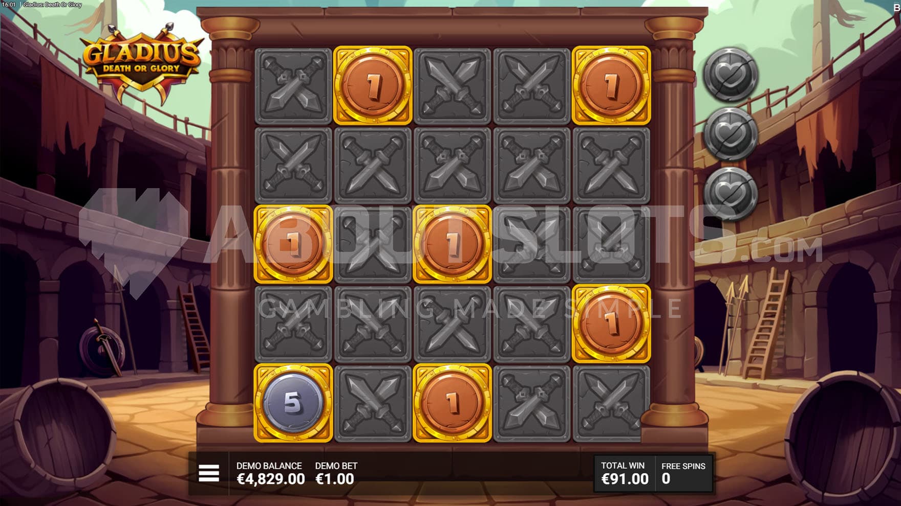 Death or Glory bonus in progress with 7 sticky symbols scored on the reels.