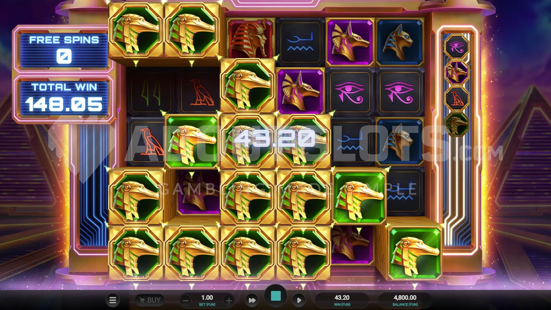 Super Free Spins in progress with 4 symbols collected in the meter and multiple sticky Glyph Symbols on the grid.