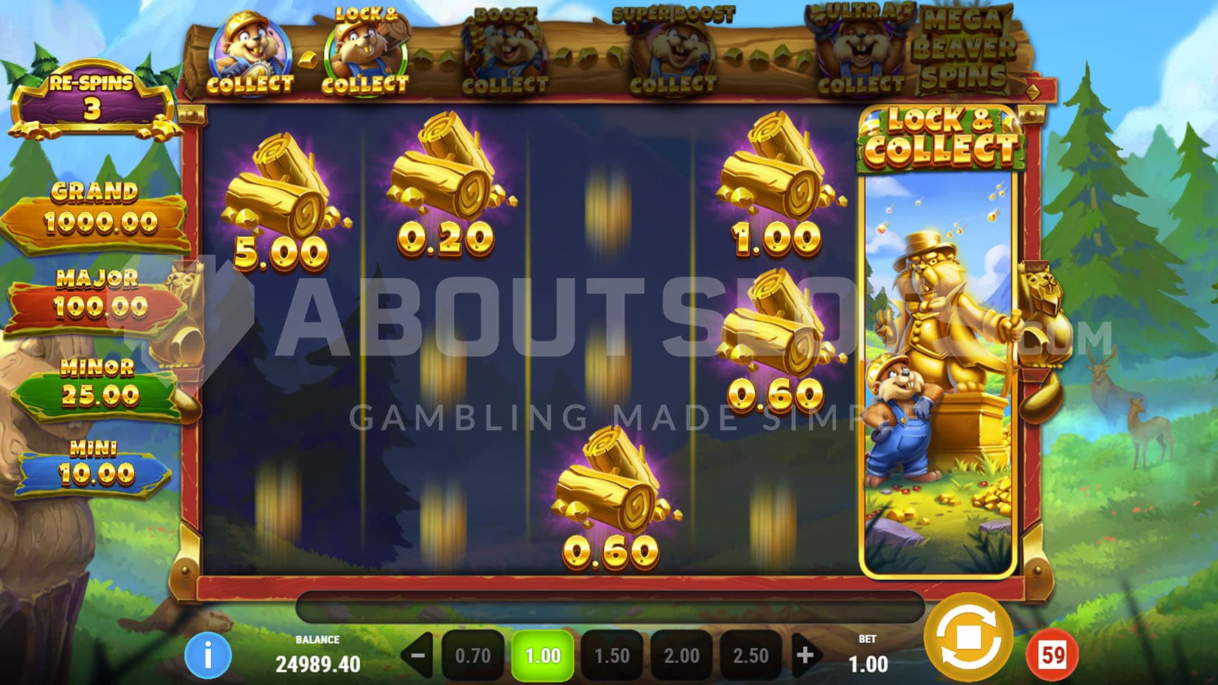 Lock & Collect feature triggered in the base game, awarding respins with sticky cash symbols.