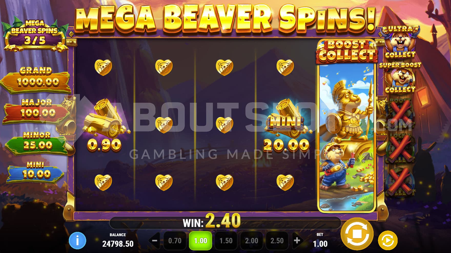 Mega Beaver Spins in progress, showing a Super Boost Collect symbol collecting prizes from the grid.