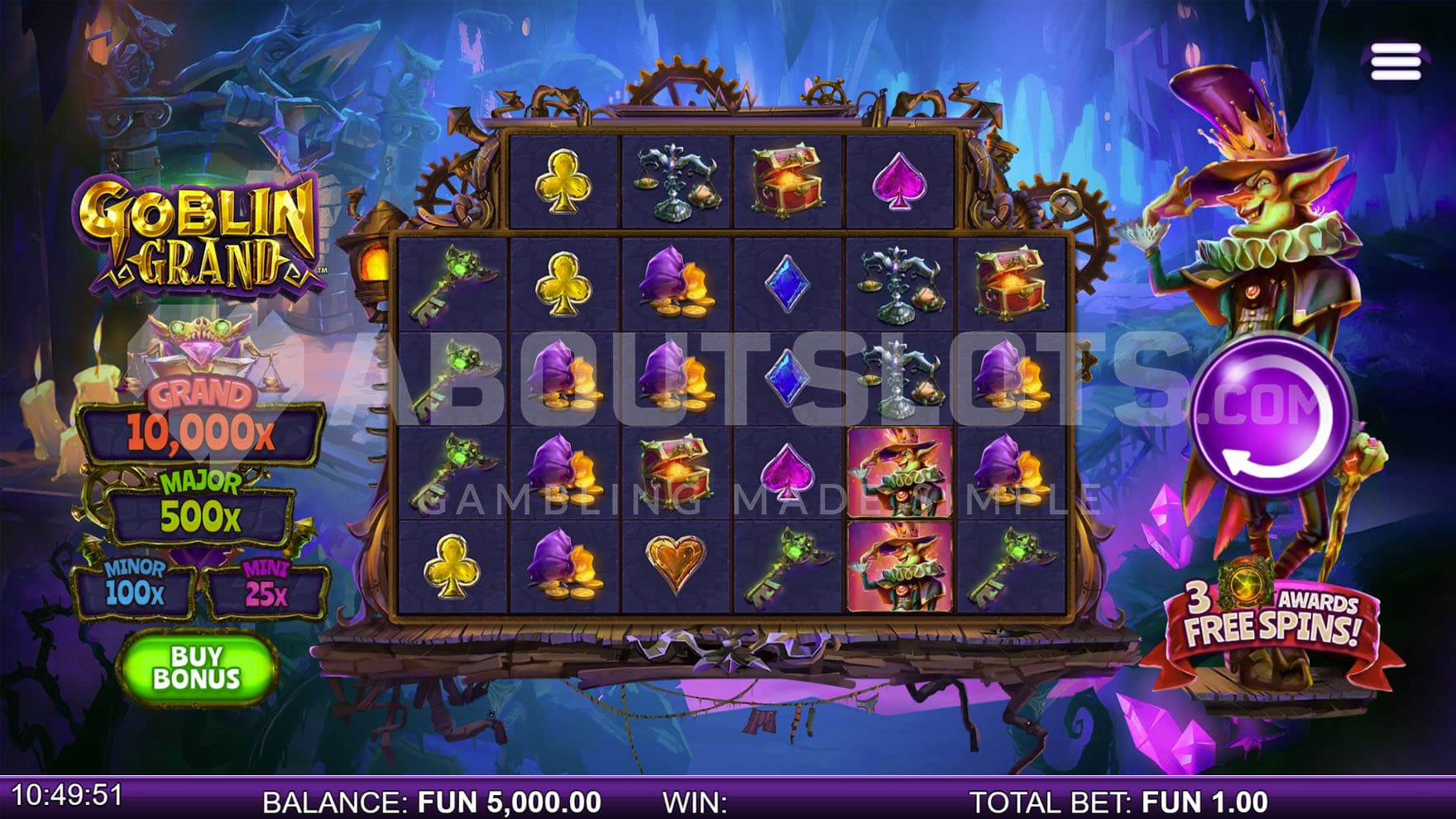 Base Game view of a 6x5 grid on a backdrop of a fantasy city inside a vast cavern.