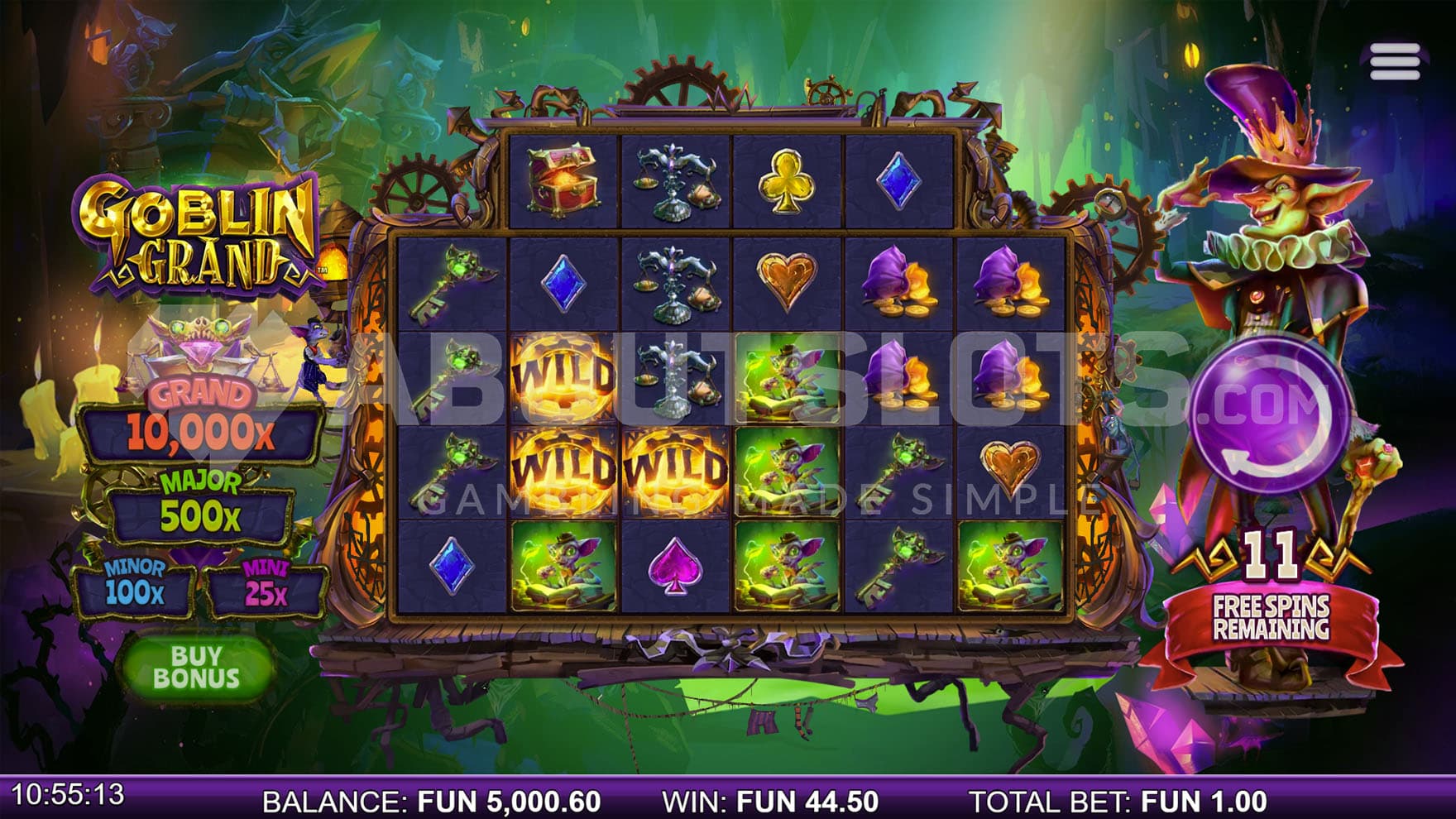 Free Spins bonus in progress, showing one of the random features being activated, adding 3 Wilds onto the grid.