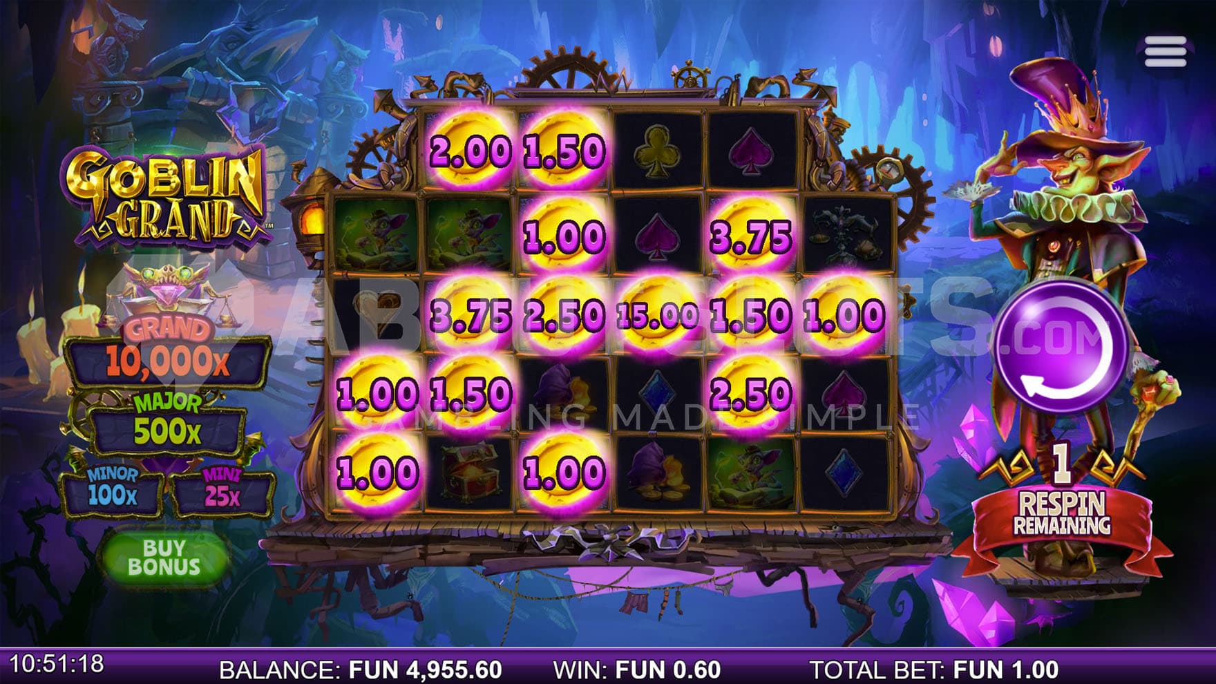 Jackpot Respins bonus in progress, showing multiple coin with cash prizes on the grid.