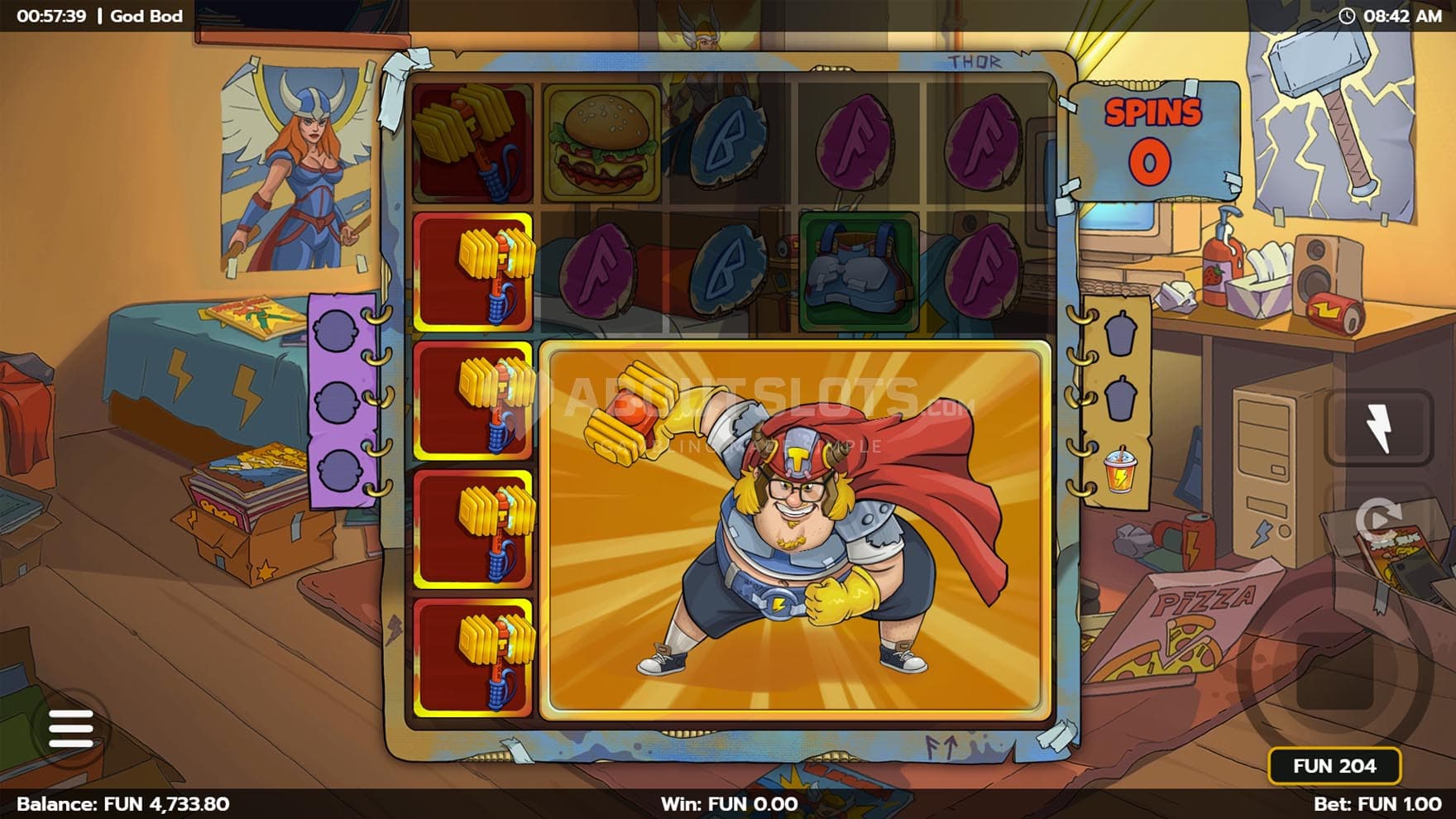 Screenshot of the Free Spins bonus in progress, with the Wild increased to a 4x3 size.