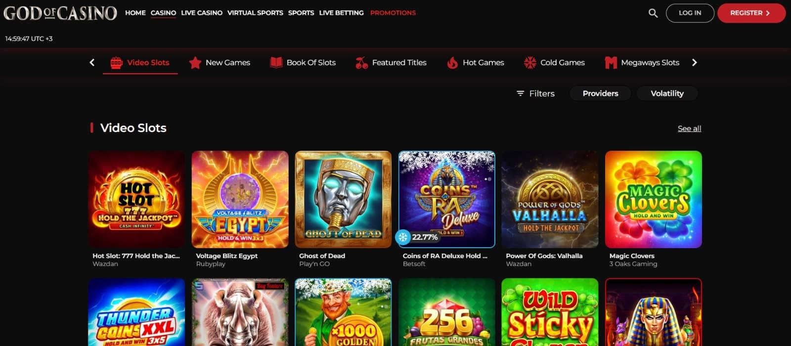 God of Casino games page listing video slots titles like Coins of Ra, Magic Clovers and Thunder Coins XXL