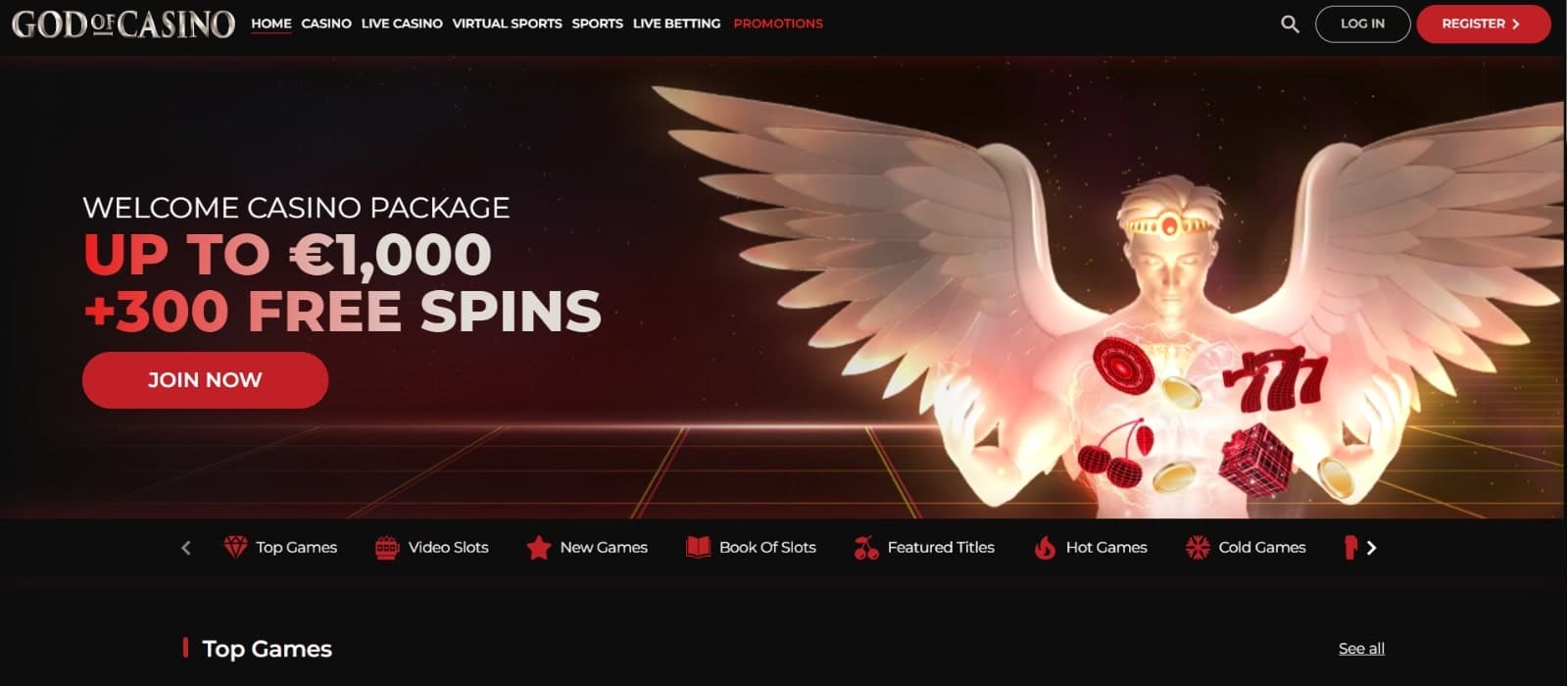 God of Casino's landing page featuring the 1000 euros and 300 free spins welcome bonus over image of Divine Godly character