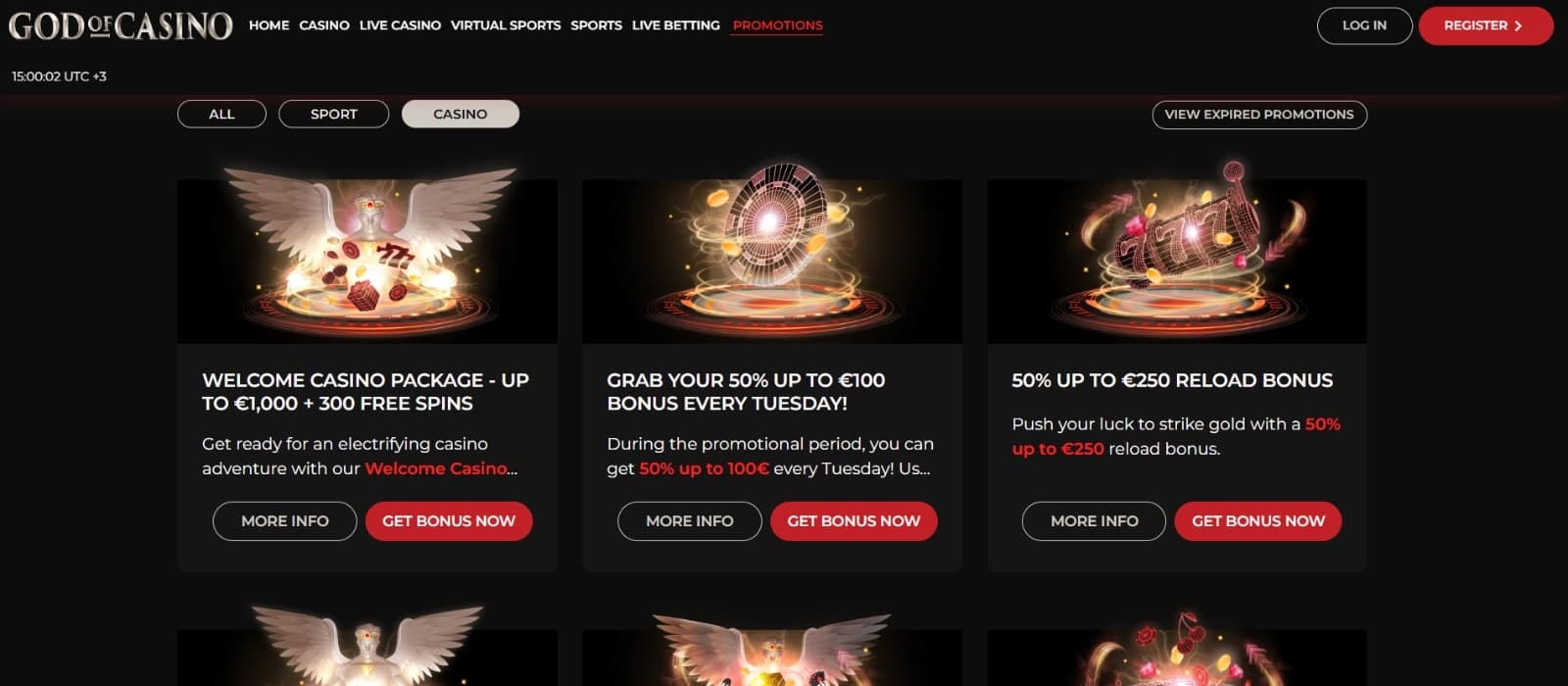 God of Casino's promotions page displaying the welcome package, reload bonuses and cashback offers