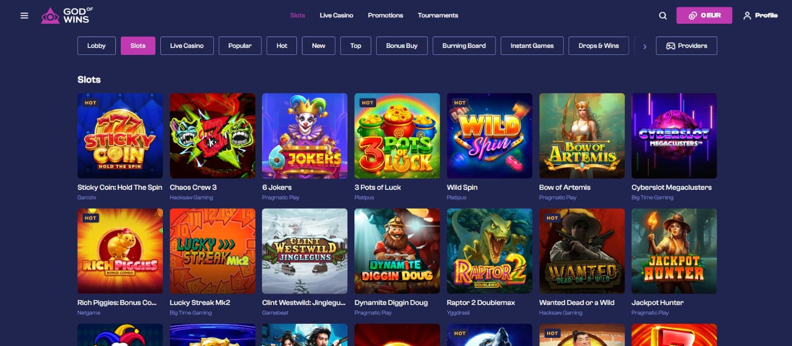 God of Wins Casino games page featuring the slots selection with icons under main sorting tabs and search boxes