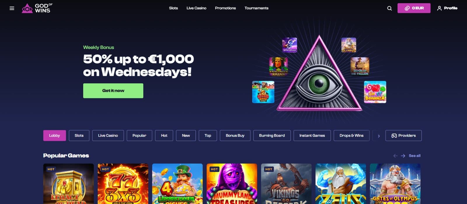 God of Wins Casino landing page featuring the weekly bonus banner with illuminati eye image, game navigational tabs, and most popular slot icon sections