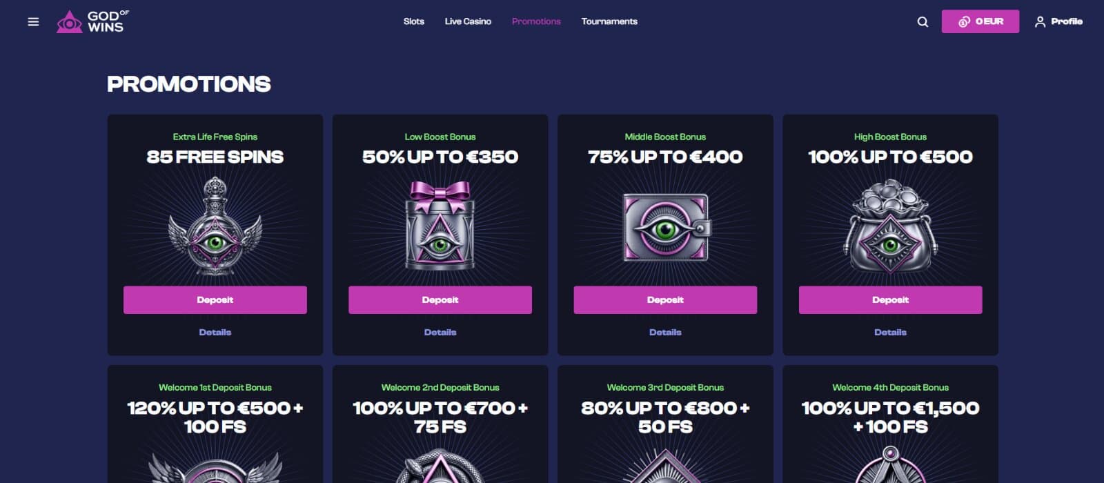 God of Wins Casino promotions page featuring the welcome bonus packages, boost reload bonuses, and free spin reload bonuses