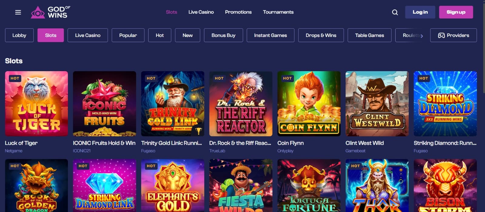 God of Wins Casino games page with popular slots including luck of Tiger