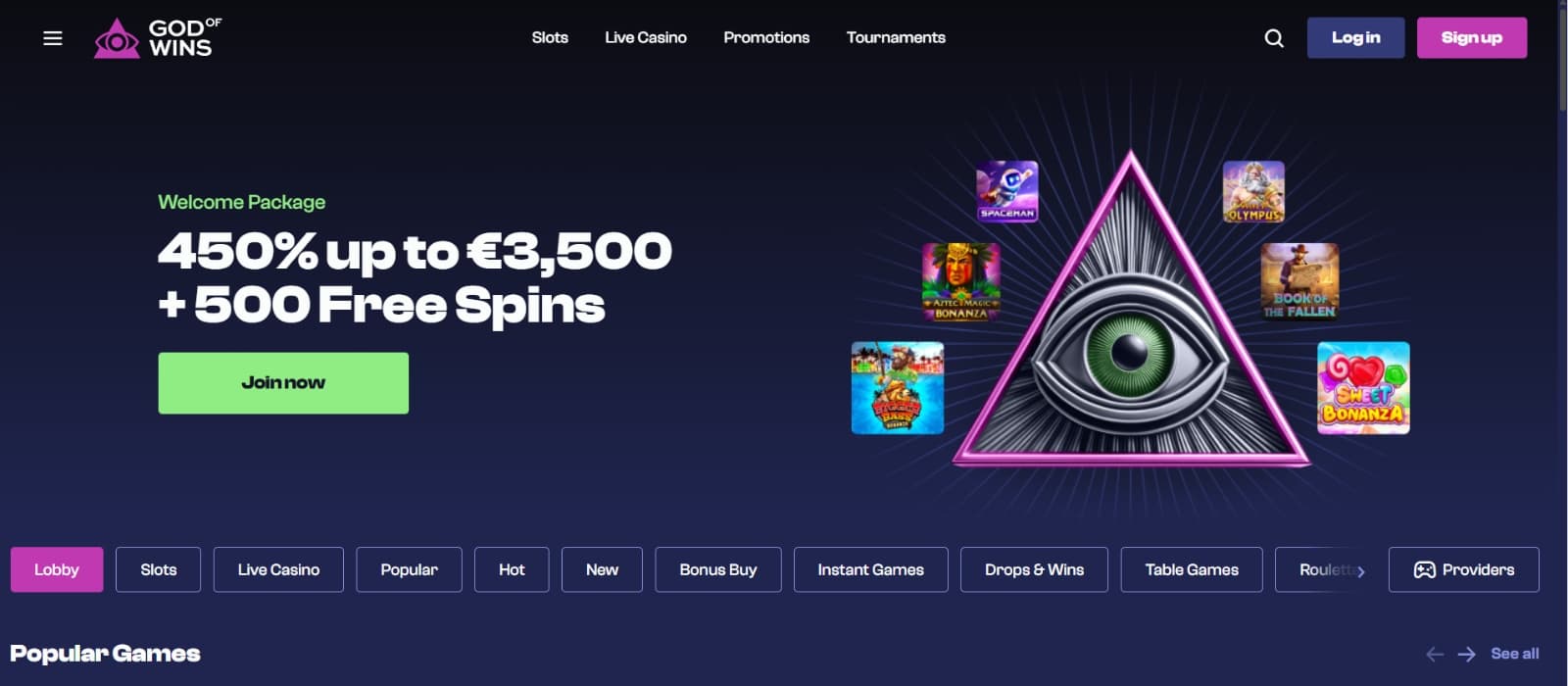 God of Wins casino landing page with 450% welcome bonus on banner with illuminati eye image