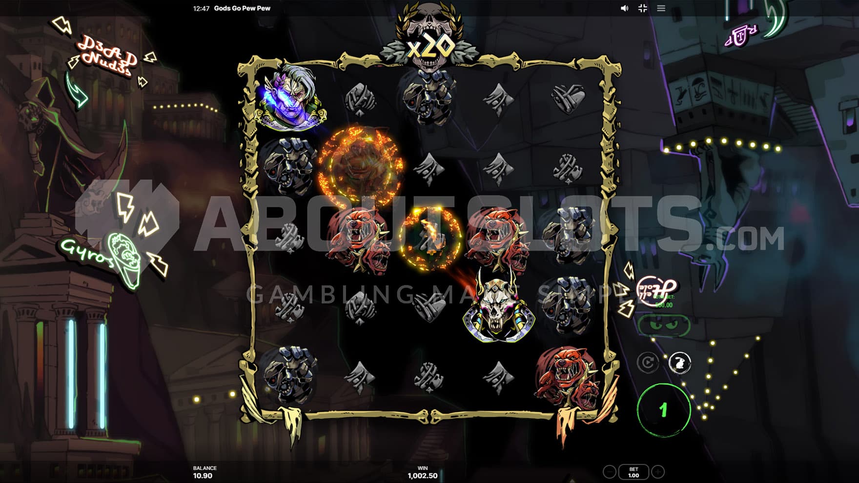 Super Dead Spins bonus in progress, showing a God fight triggered and a win multiplier increased to x20.