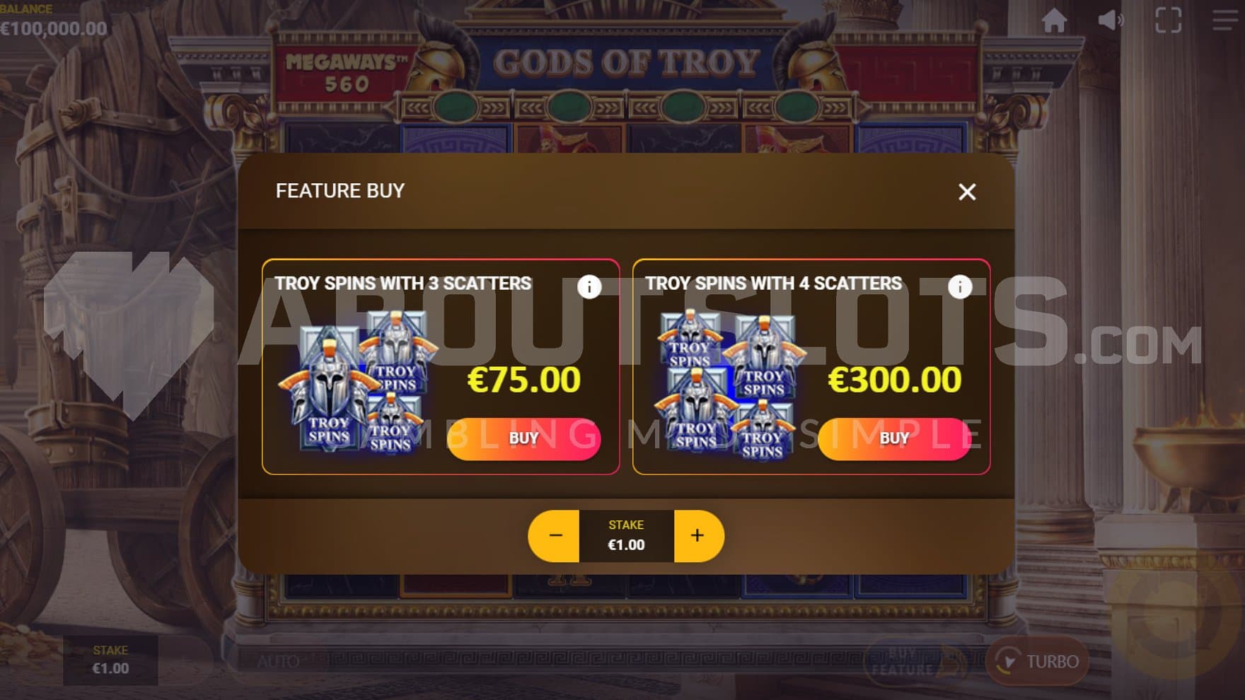 A menu offering the regular Free Spins for 75x the bet and the Super Free Spins for 300x the bet.