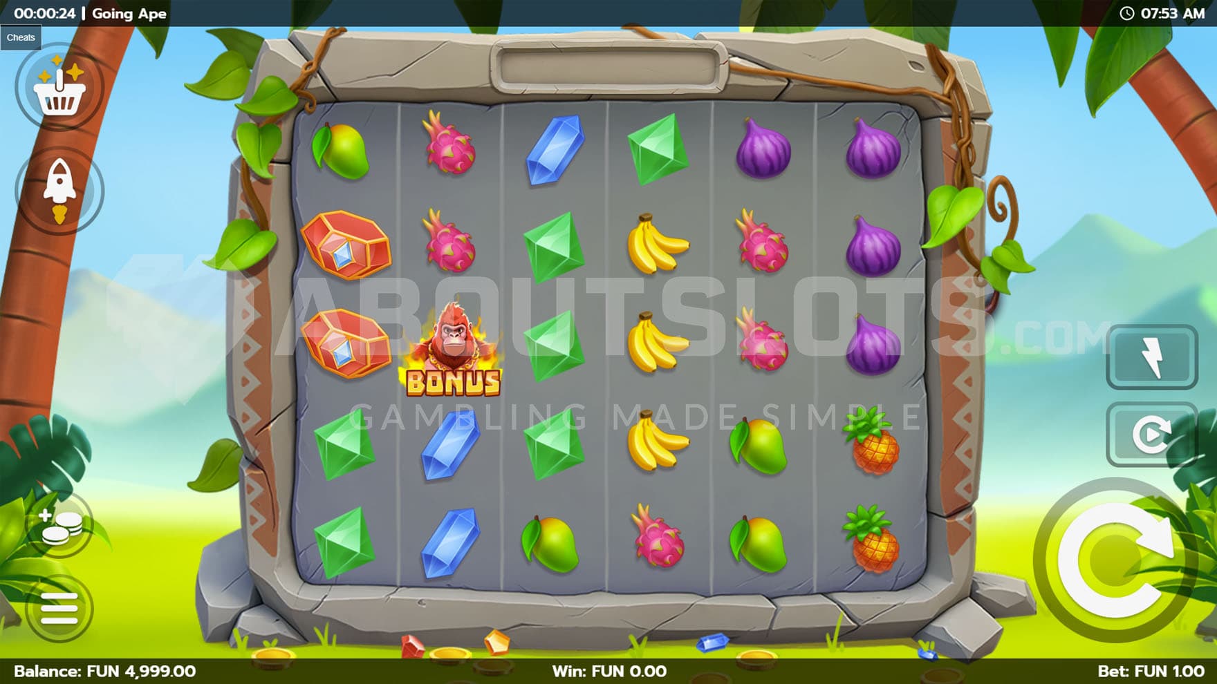 Base Game view of a 6x5 grid on a backdrop of a colourful natural tropical landscape.