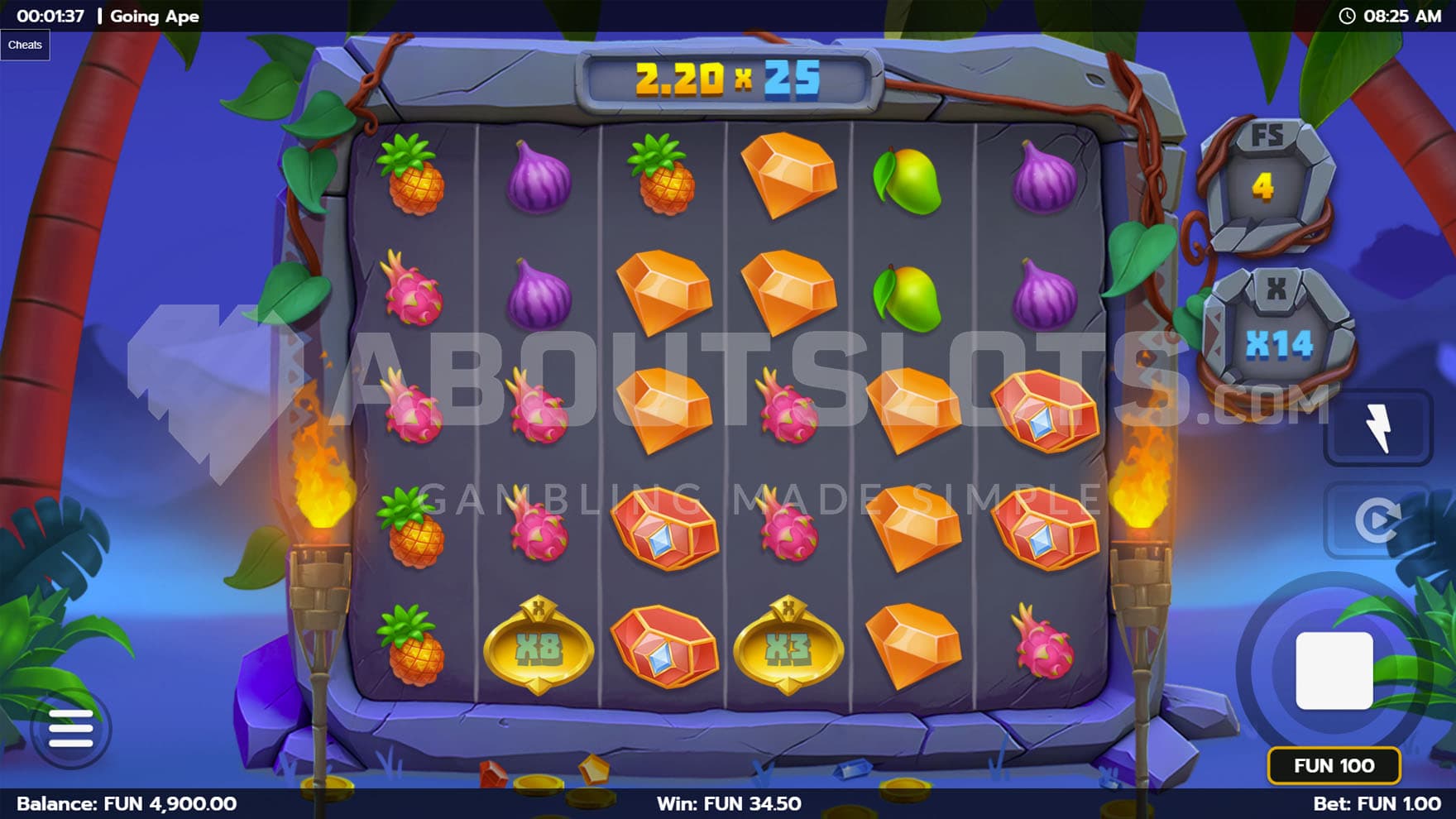 Free Spins bonus in progress, showing several Multiplier symbols activated on the grid.