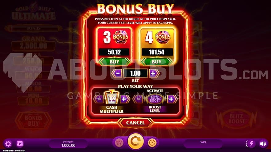 A menu where the player can purchase the Free Spins.
