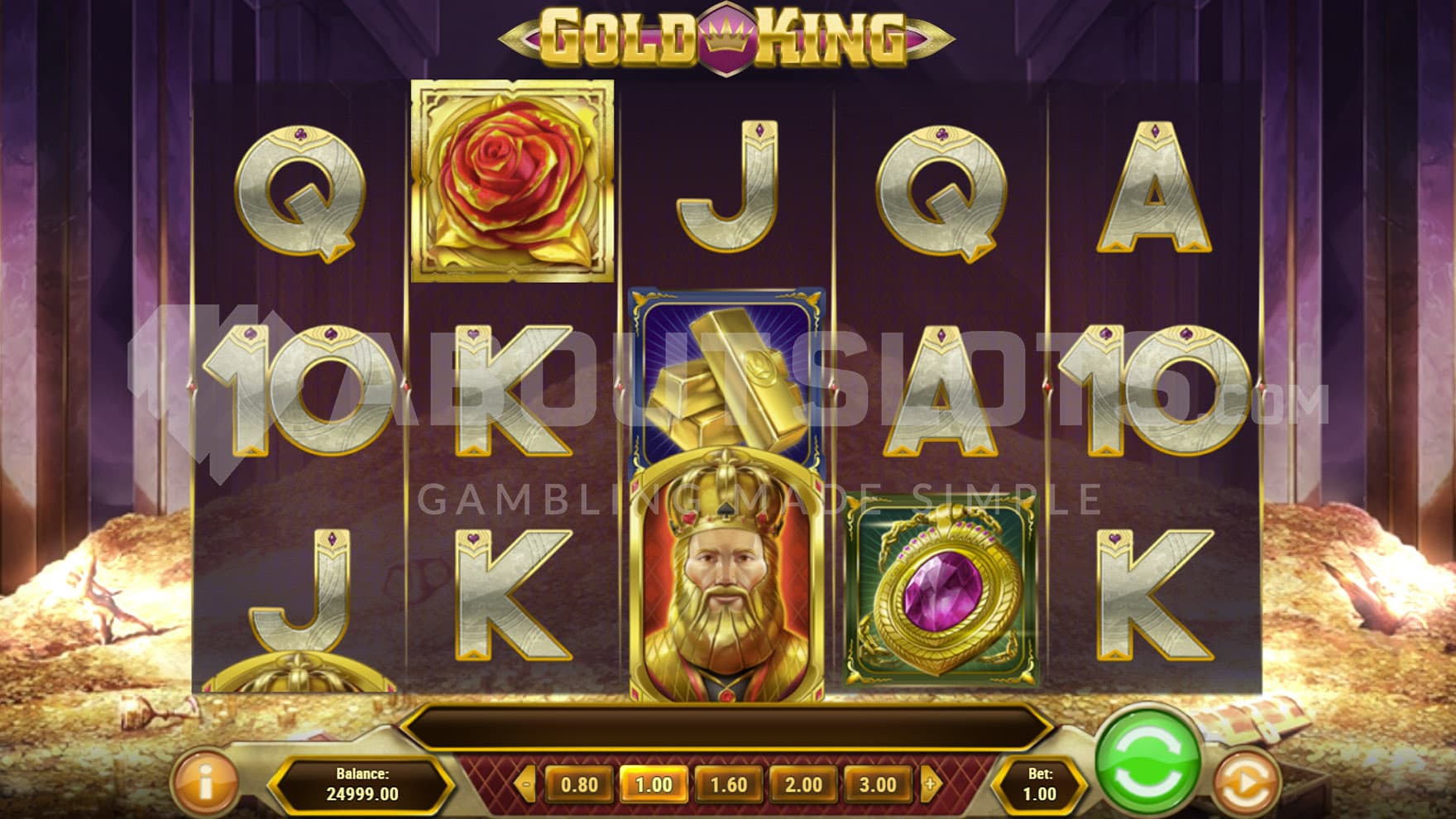 Base Game view of a 5x3 grid on a backdrop of a vault filled with gold coins and other treasures.