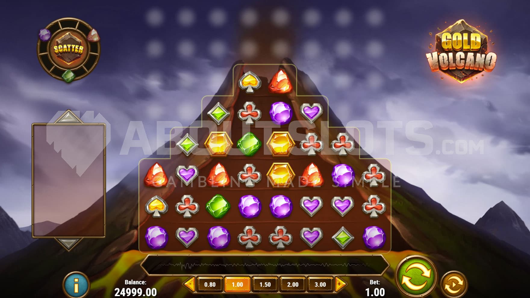 Base Game view of an irregular 8-reel grid on a backdrop of a volcano.